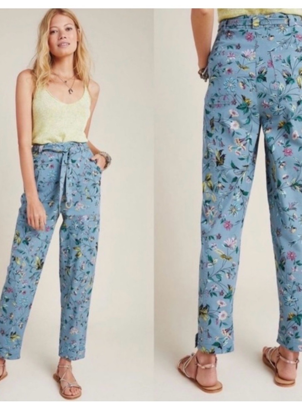 Anthropologie Blue Floral Tie-Waist Straight-Leg Pants